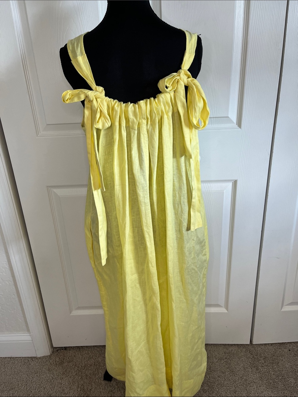 Cos Butter Lemon Yellow Linen Gathered Back Shoulder Tie Maxi Beach Dress Large